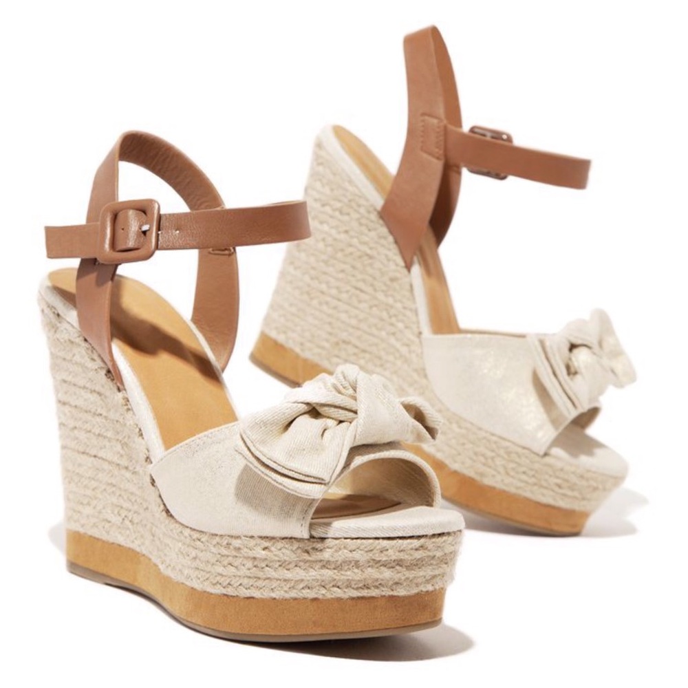 Natural Peep Toe Bow Tie Espadrille Wedge Sandals - Picture 2 of 5